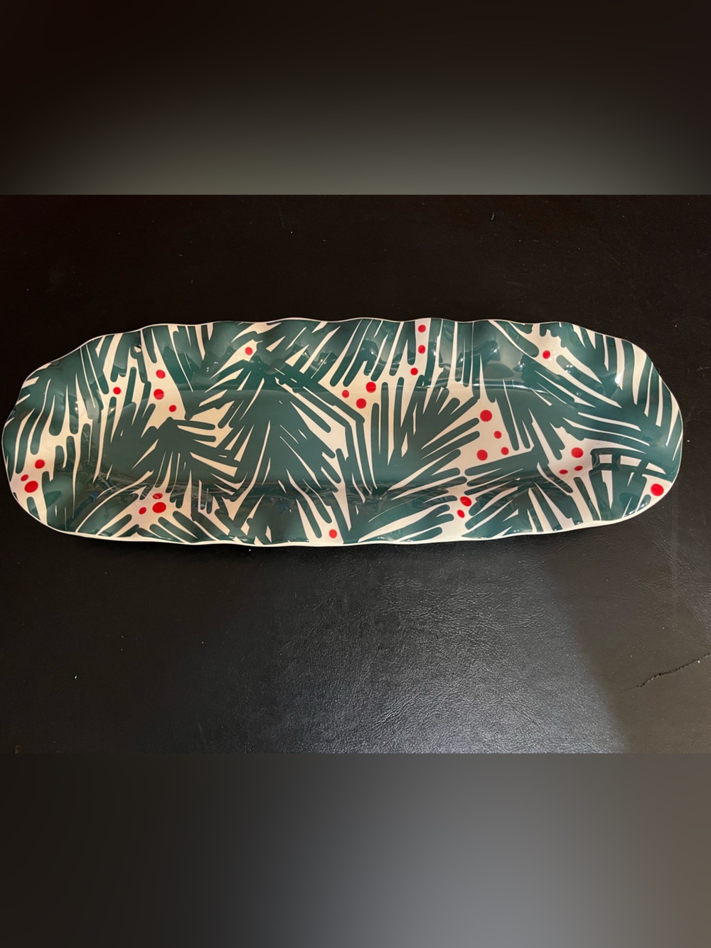 Coton Colors Green Palm Leaf & Red Dot Holiday Serving Platter-New